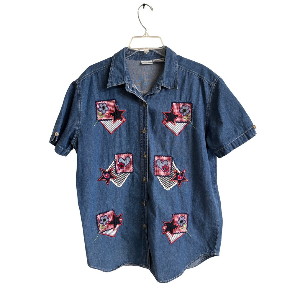 Cabin Creek Denim Shirt Womens Large Blue Patchwork Stars Hearts Americana Top